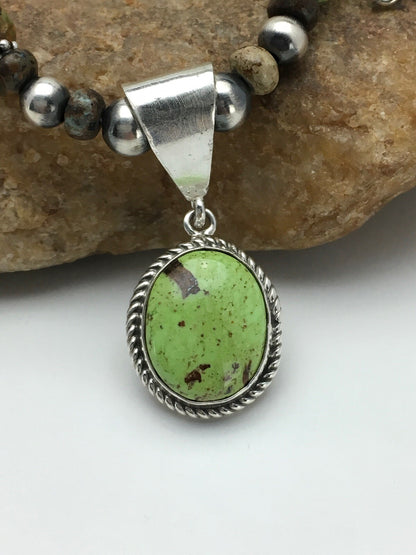 Green Gaspeite Pendant Turquoise Navajo Sterling Silver Necklace 22" 2818
