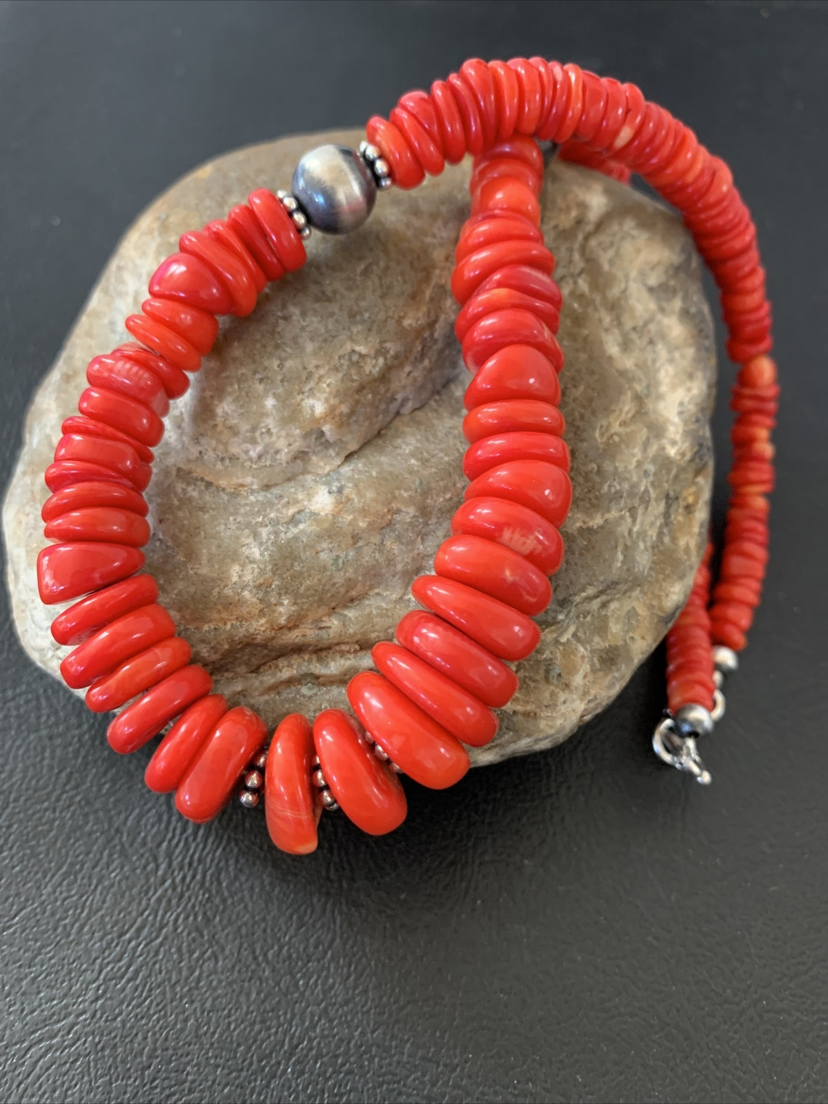 Red Coral Graduated Navajo Pearls Sterling Silver Bead Necklace 18" 01950