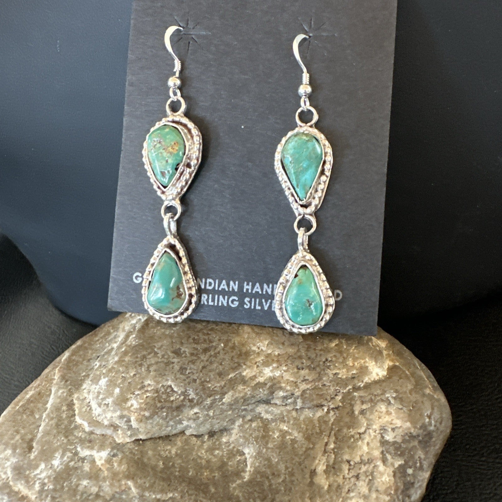Green Royston Turquoise Navajo Sterling Silver Dangle Earrings 19404