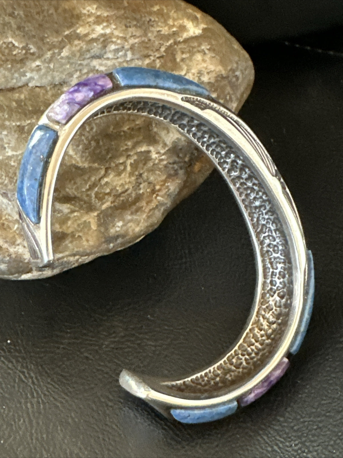 Mens  Purple Stone Lapis Navajo Sterling Silver Tufa Cast Cuff Bracelet 18146