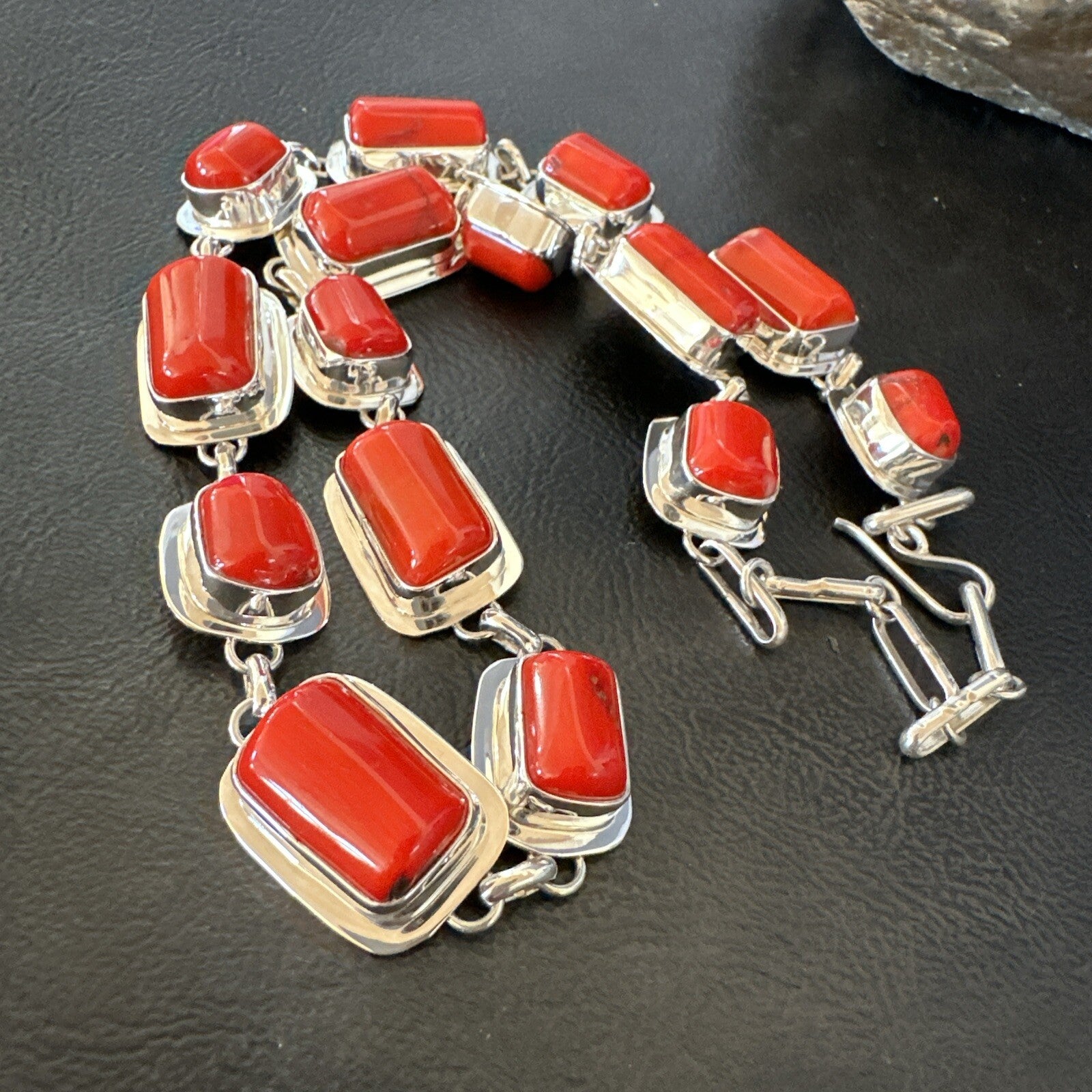 Handmade Women Red Coral Choker Necklace Pendant Sterling Silver 20” 18412