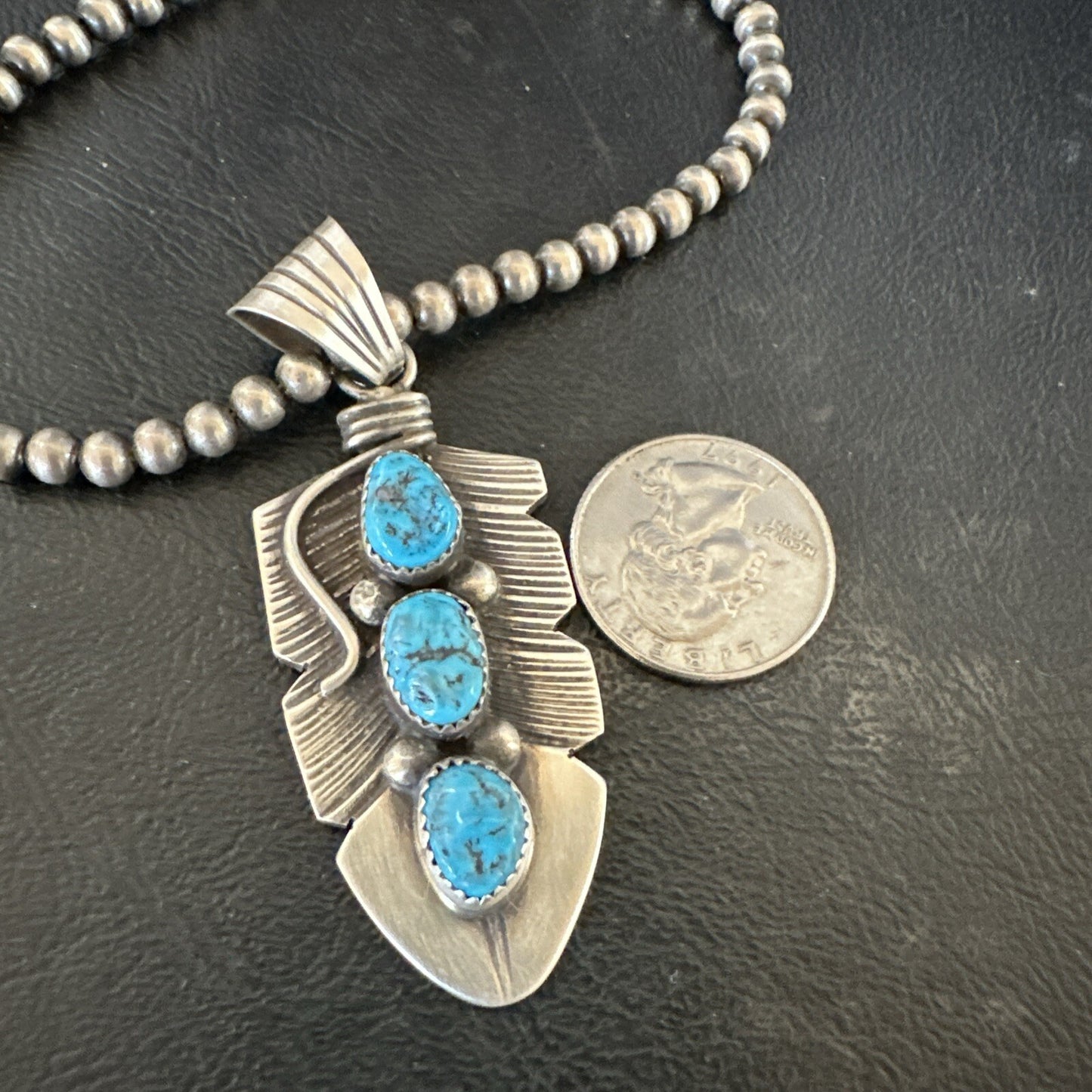 Mens Feather Kingman Turquoise Pendant Navajo Sterling Silver Necklace 17783