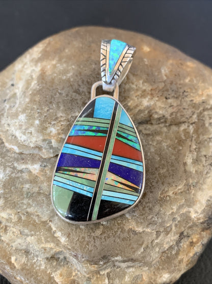 Womens Turquoise Coral & Opal Navajo Sterling Silver Inlay Pendant 12494