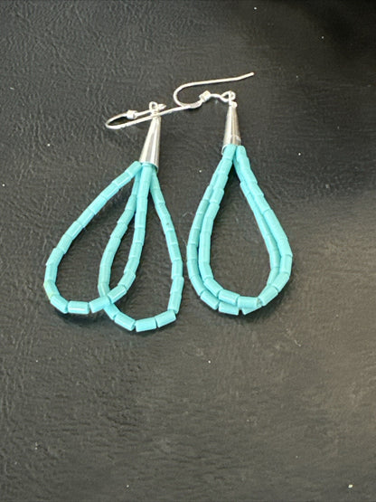Heishi Dangle Blue Turquoise Sterling Earrings 2” 17955