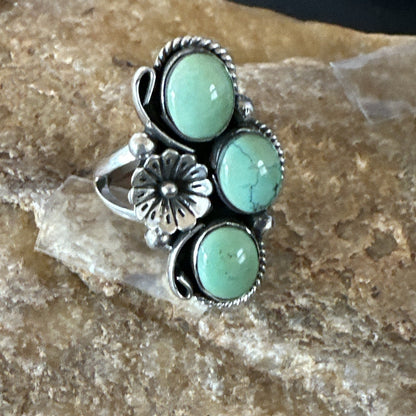 Yazzie Ring Green Turquoise Navajo Sterling Silver Cluster Size 9 19216