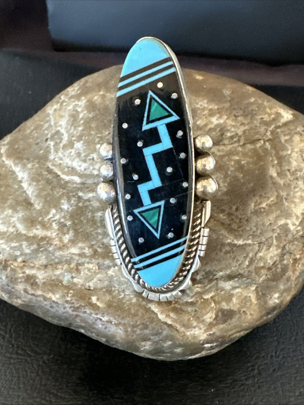 Cosmic Inlay Black Onyx Blue Turquoise Navajo Ring Sz 9.5 | Sterling Silver | Authentic Native American Handmade | 19790