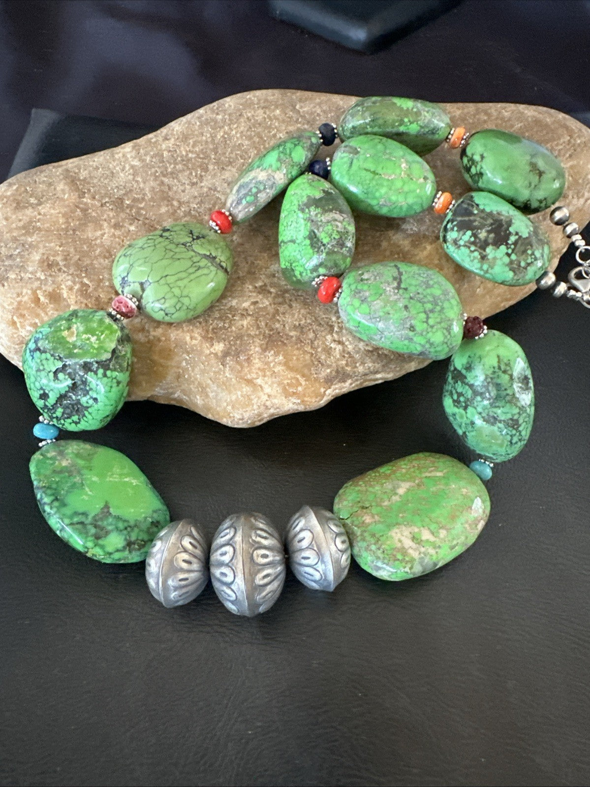 Green Turquoise Chunky Multicolor Southwest Sterling Silver Necklace 21" 19251