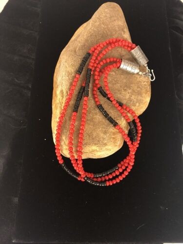 Navajo Coral Necklace Pendant Sterling Silver 20" 3 Strand 8006