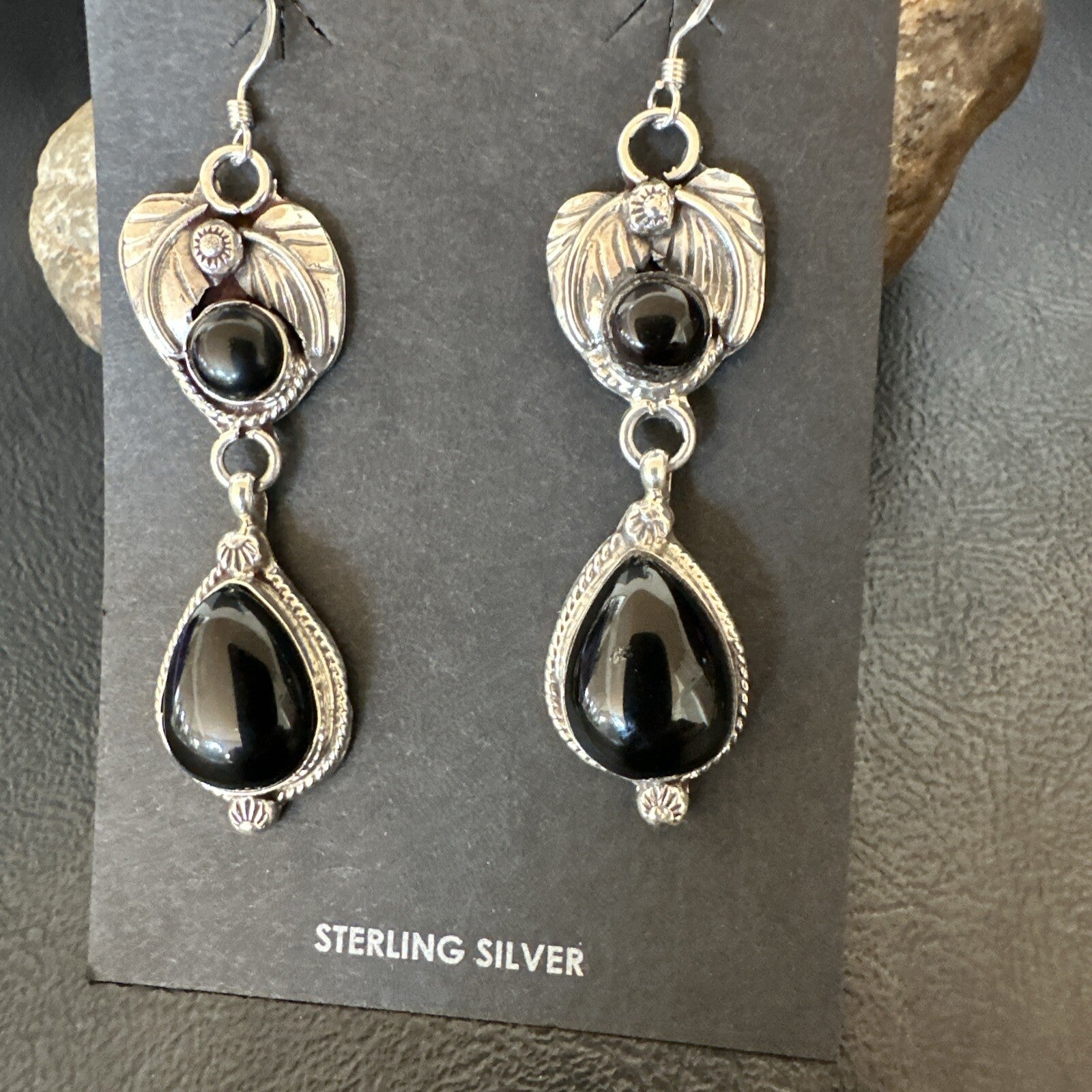 Black Onyx Navajo Sterling Silver Dangle Earrings 1.5" 18292