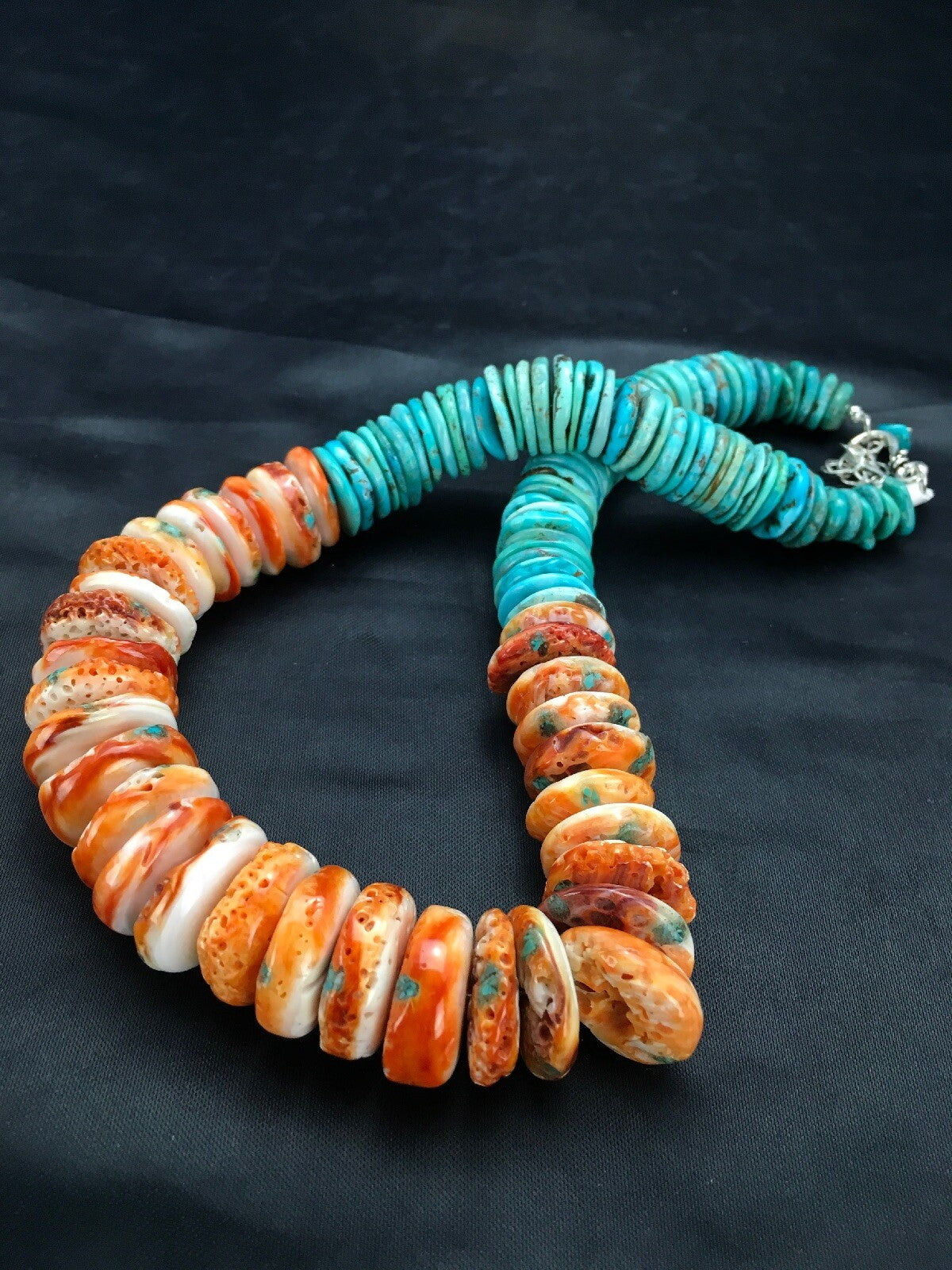 Spiny Oyster & Turquoise Graduated Sterling Silver Necklace 17" 03004