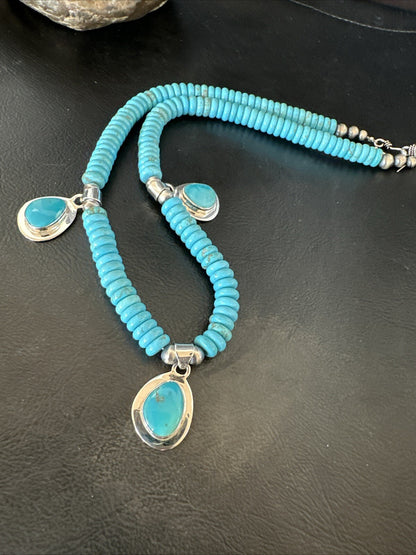 WoMens Blue Kingman Turquoise Pendants Navajo Sterling Silver Necklace 19” 18166
