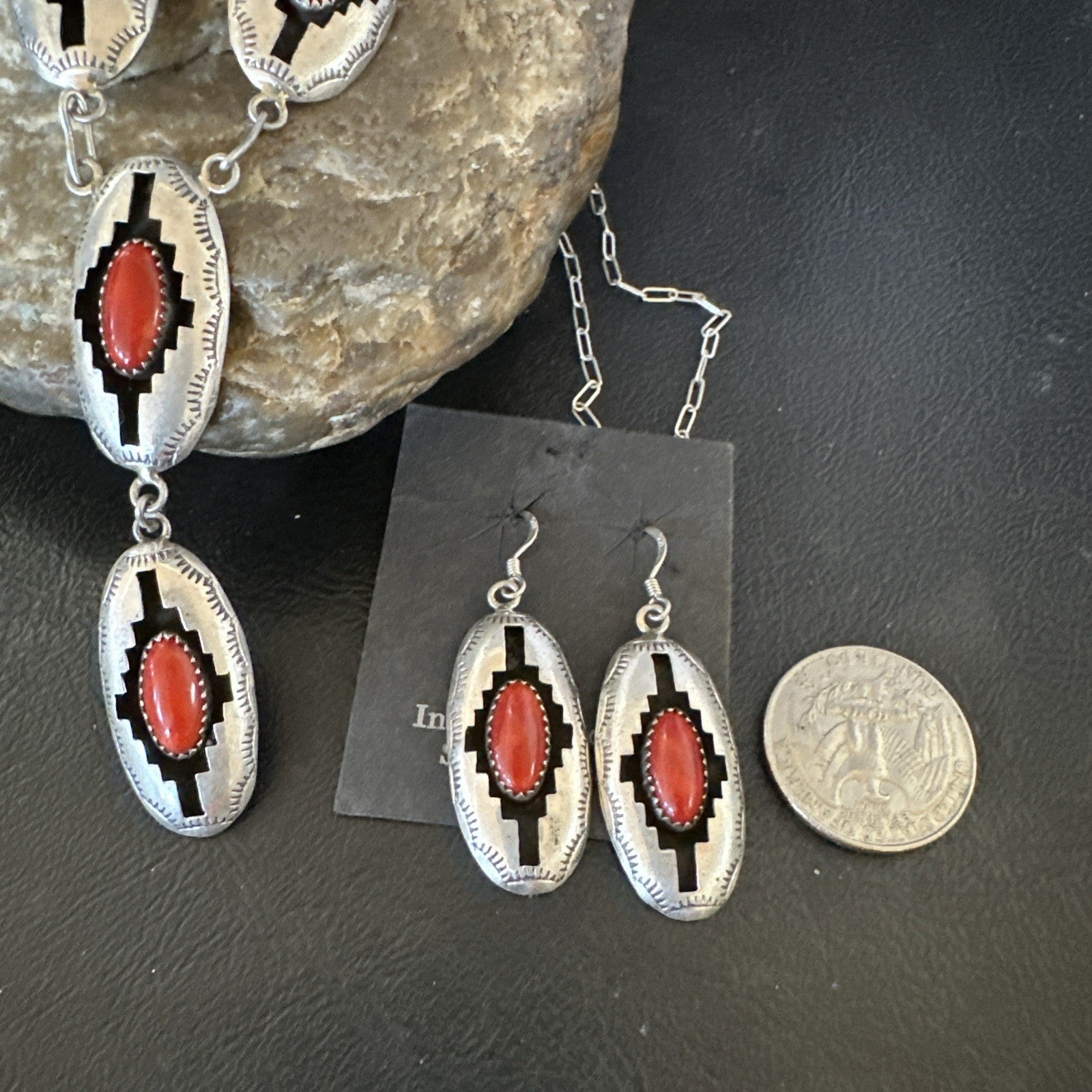 Old Native Navajo Red Coral Sterling Silver Shadowbox Necklace Earrings 18”19101