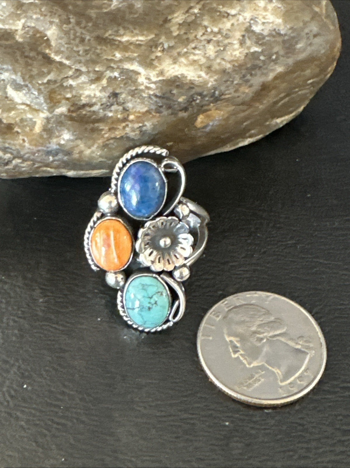 Multicolor Ring Turquoise Spiny Navajo Sterling Silver Cluster Size 8 19186