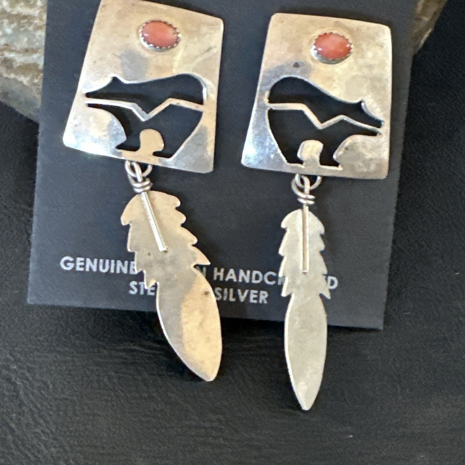 Old Pawn Pink Coral Navajo Sterling Silver Dangle Bear Feather Earrings 2” 19084