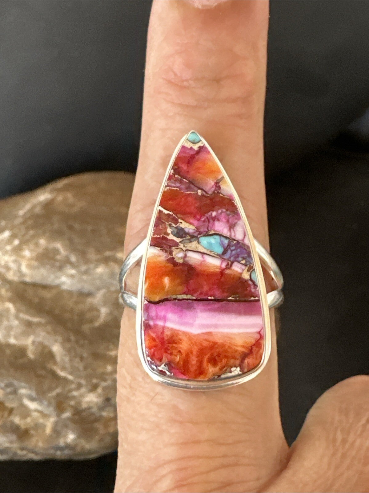 Blue Turquoise Spiny Oyster Southwestern Sterling Silver Ring Size 8.5 18545