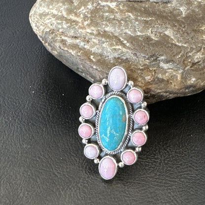 Cluster Ring Handmade Navajo Pink Conch Turquoise Sz 7 18789