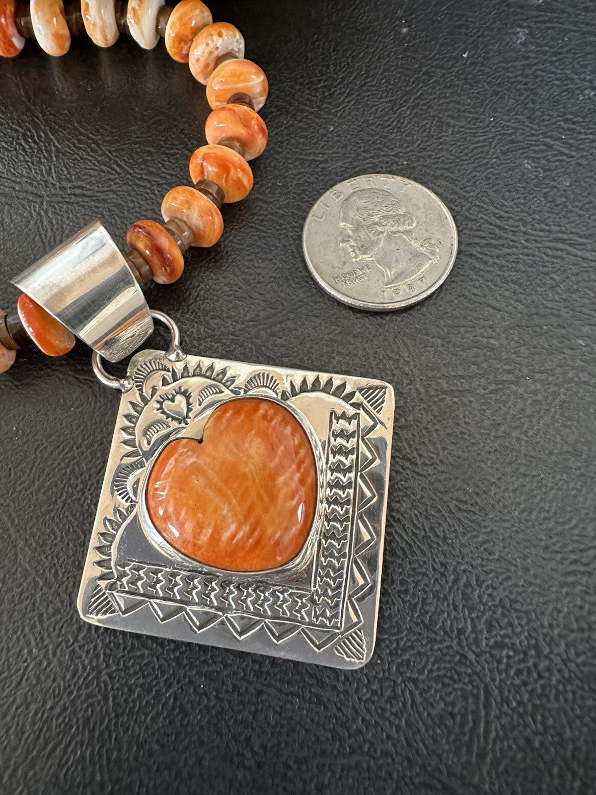 H Joe Orange Spiny Oyster Heart Pendant Navajo Sterling Silver Necklace 19480