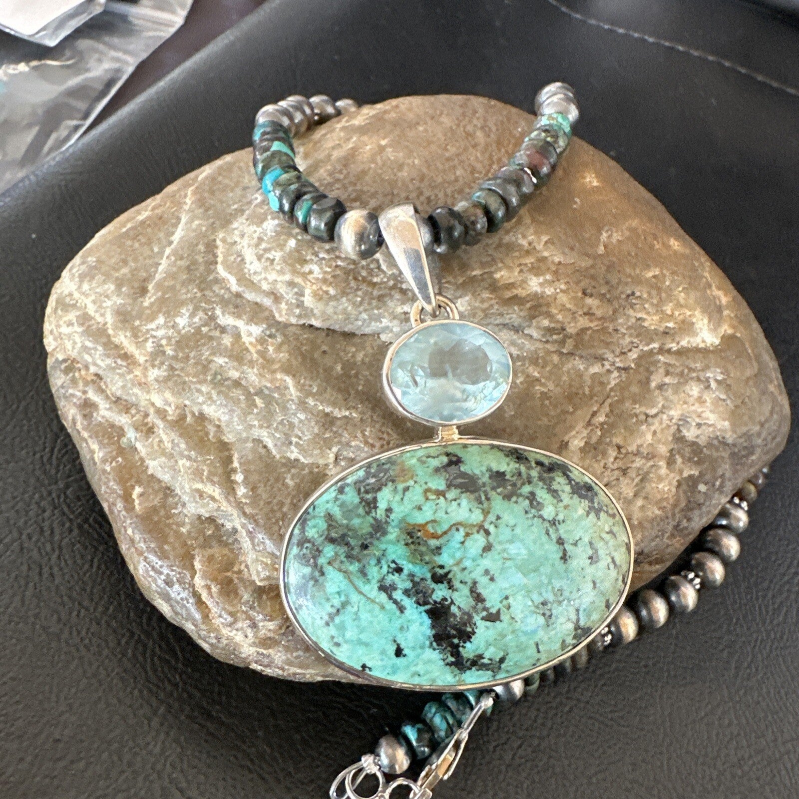 Mens Blue Spiderweb Turquoise Pendant Navajo Sterling Silver Necklace 18068