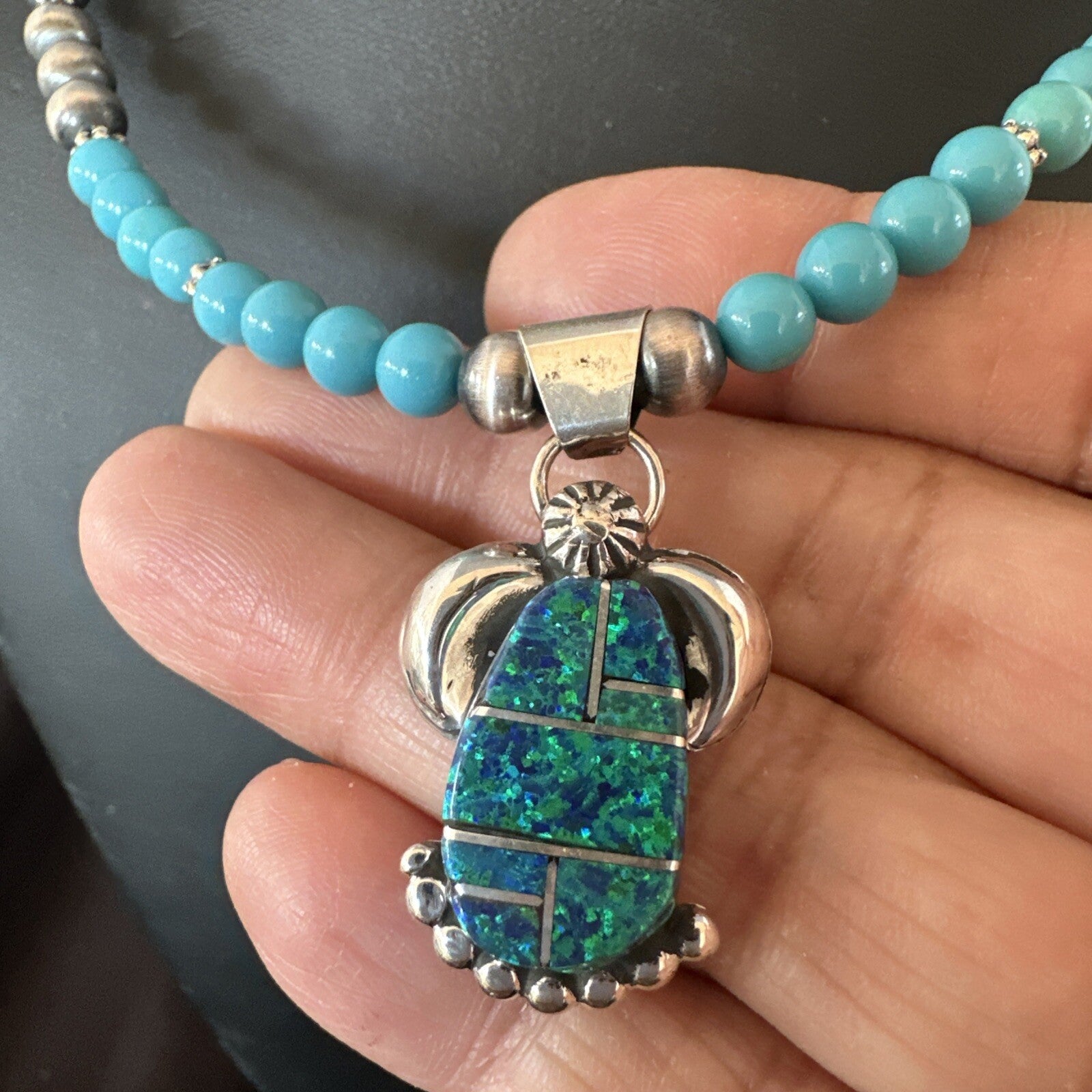 Blue Opal Pendant Turquoise Navajo Sterling Silver Necklace 23" 18736
