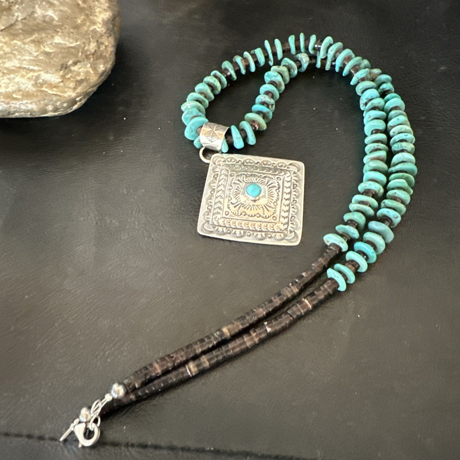 Navajo Blue Turquoise Stamped Pendant Shell Sterling Silver 25” Necklace 19707
