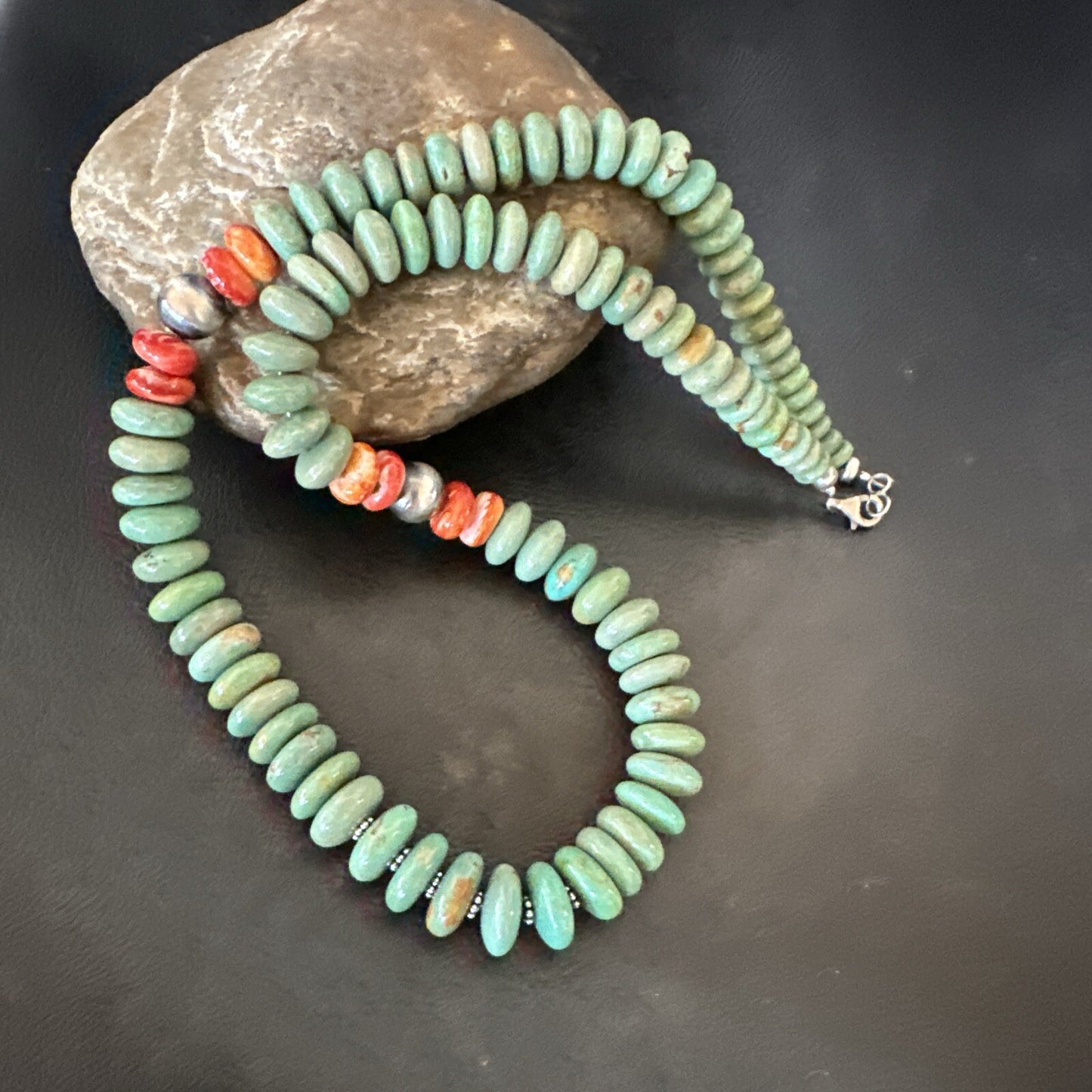 Green Turquoise Spiny Oyster Sterling Silver Beads Necklace 18302