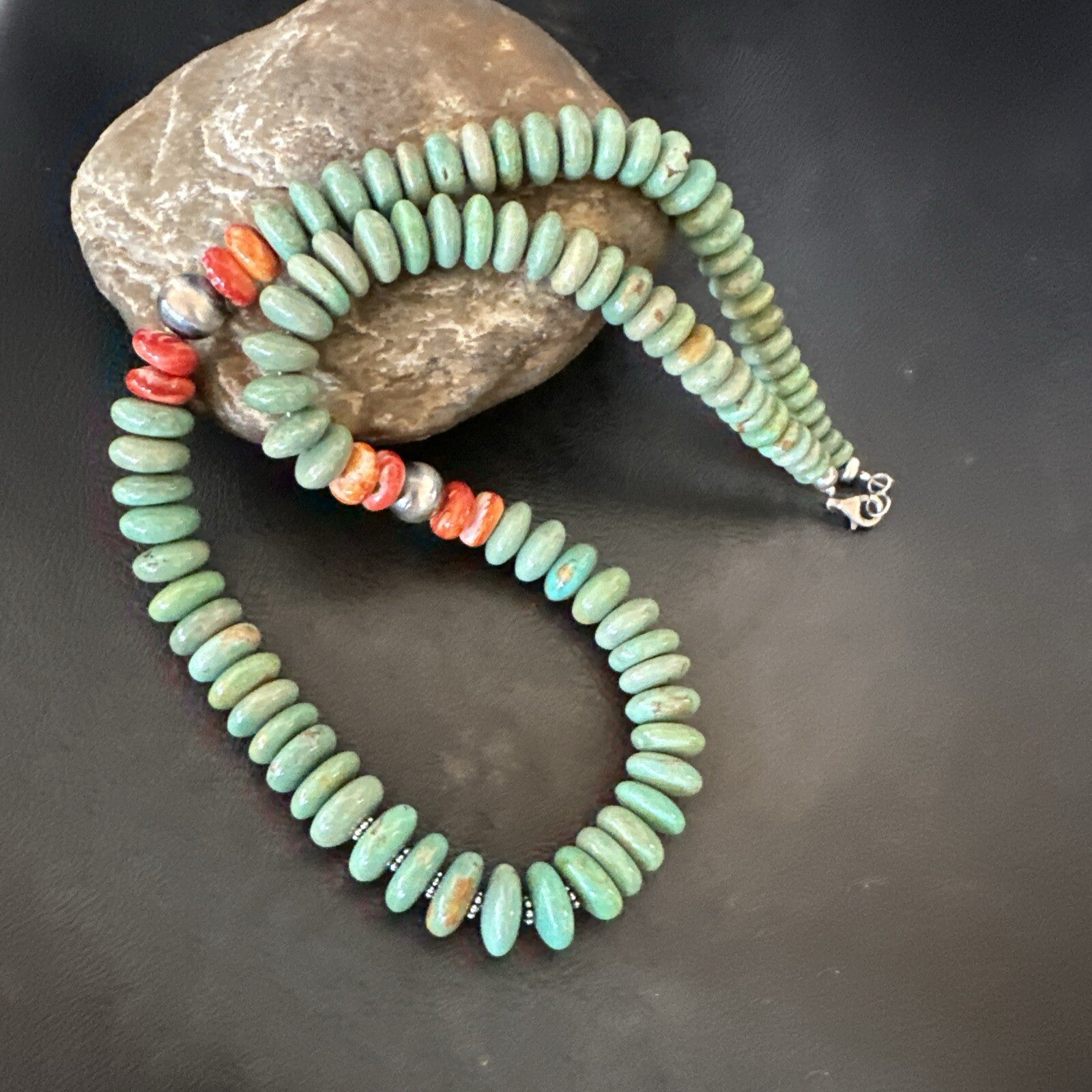 Green Turquoise Spiny Oyster Sterling Silver Beads Necklace 18302