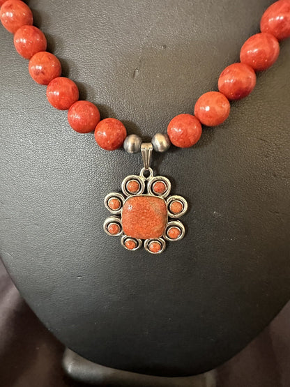 Navajo Apple Sponge Coral Sterling Silver Necklace Pendant 18327