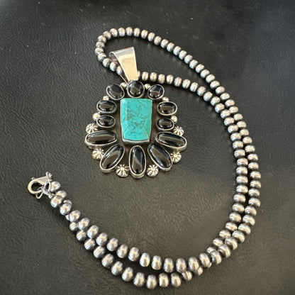 Womens Black Onyx Blue Turquoise Pendant Navajo Sterling Silver Necklace 18401