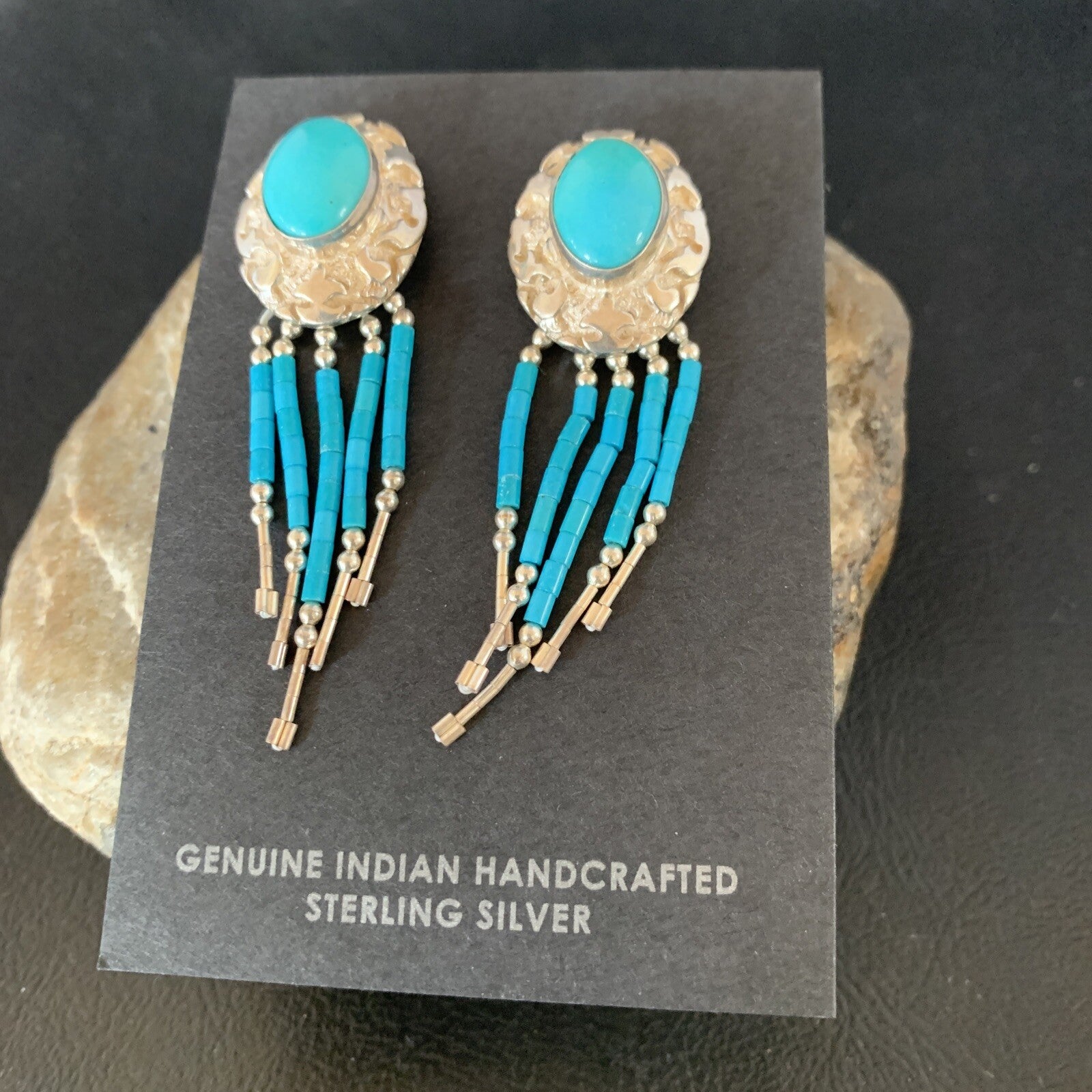 Native Womens Nugget Sterling Silver Blue Turquoise Dangle Earrings 2" 13013