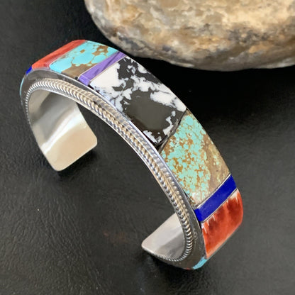 Mens White Turquoise Spiny & Lapis Navajo Sterling Silver Inlay Bracelet 12237
