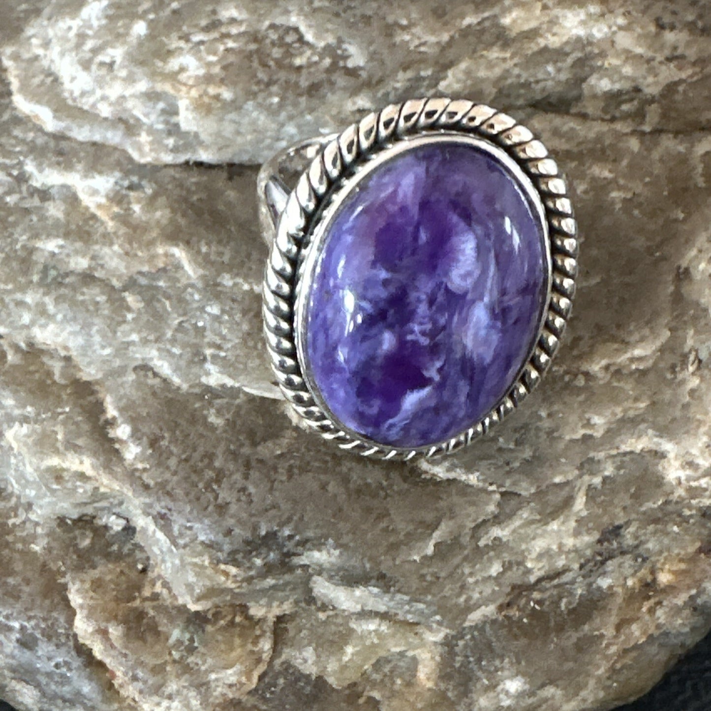 Womens Purple Charoite Navajo Sterling Silver Oval Ring Adjustable Size 9 17245