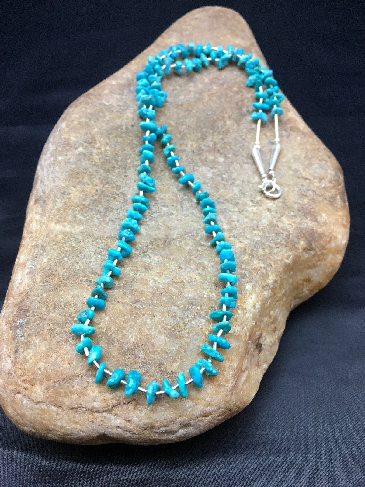 Blue Nugget Turquoise Navajo Sterling Silver Heishi Necklace 19" 08959