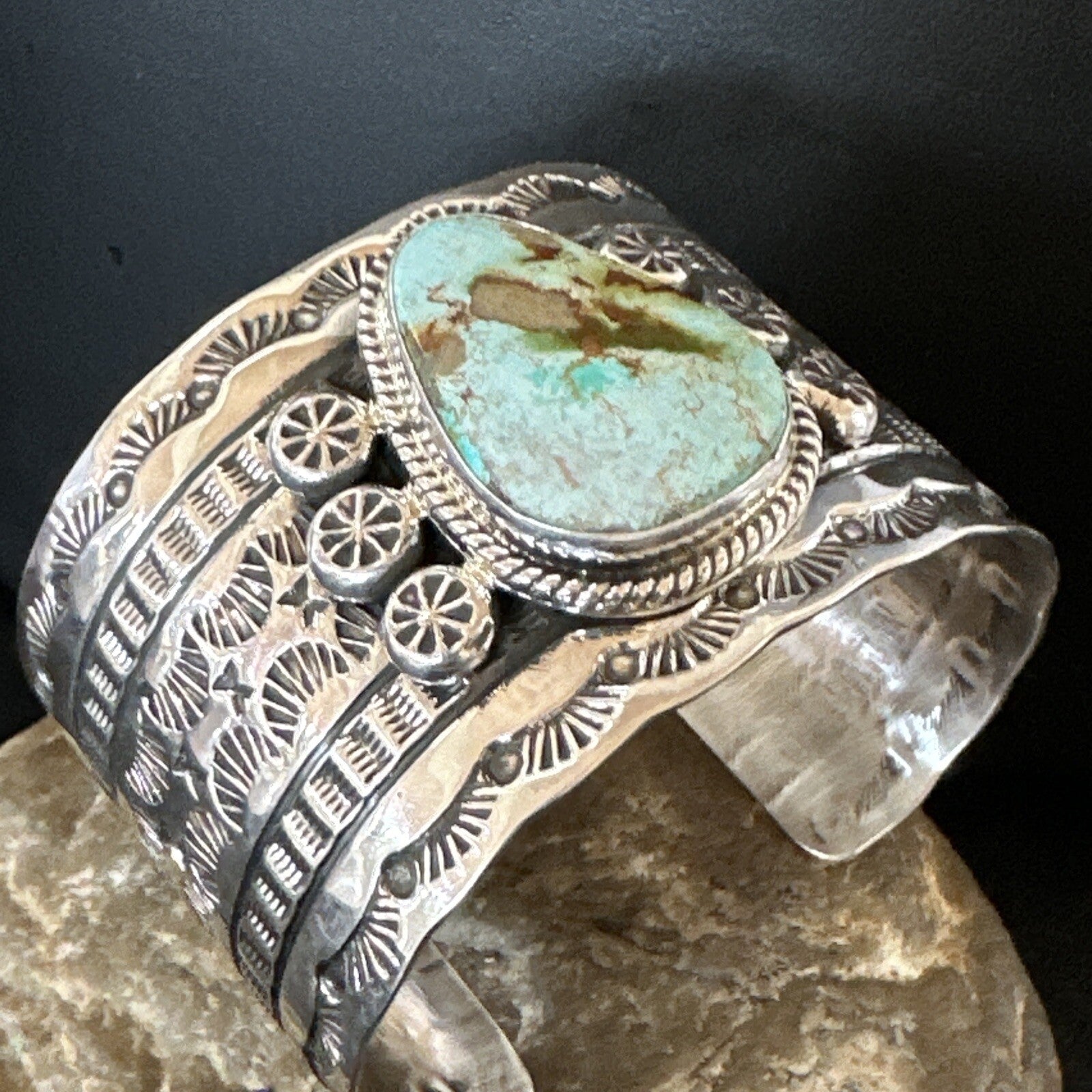 Navajo Women Green Royston Turquoise Stamped Sterling Silver Cuff Bracelet 17947