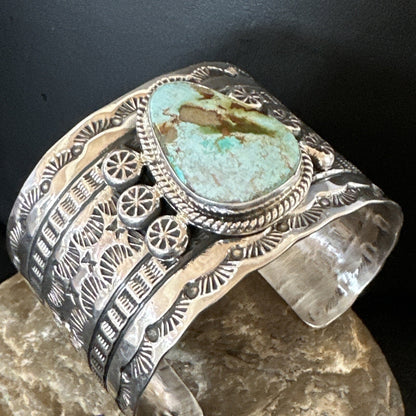 Navajo Women Green Royston Turquoise Stamped Sterling Silver Cuff Bracelet 17947