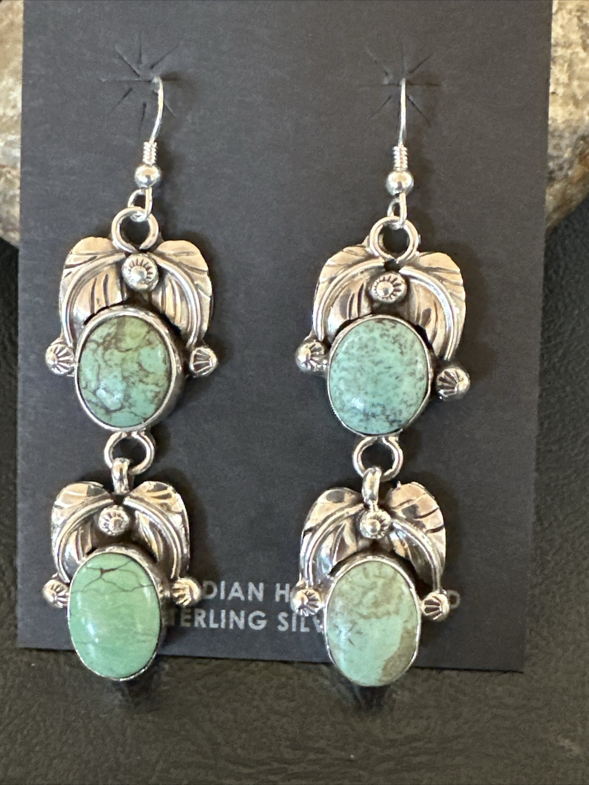 Native Navajo Green Turquoise Sterling Silver Dangle Earrings 2” 17910