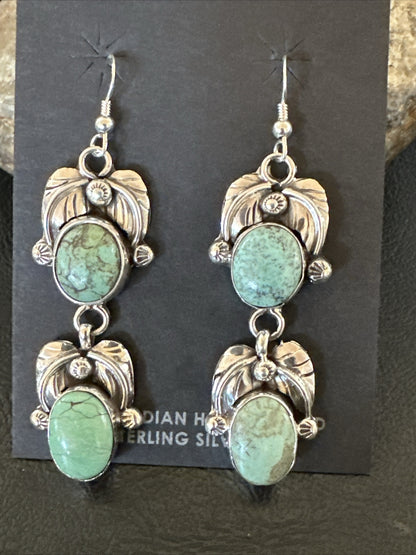 Native Navajo Green Turquoise Sterling Silver Dangle Earrings 2” 17910