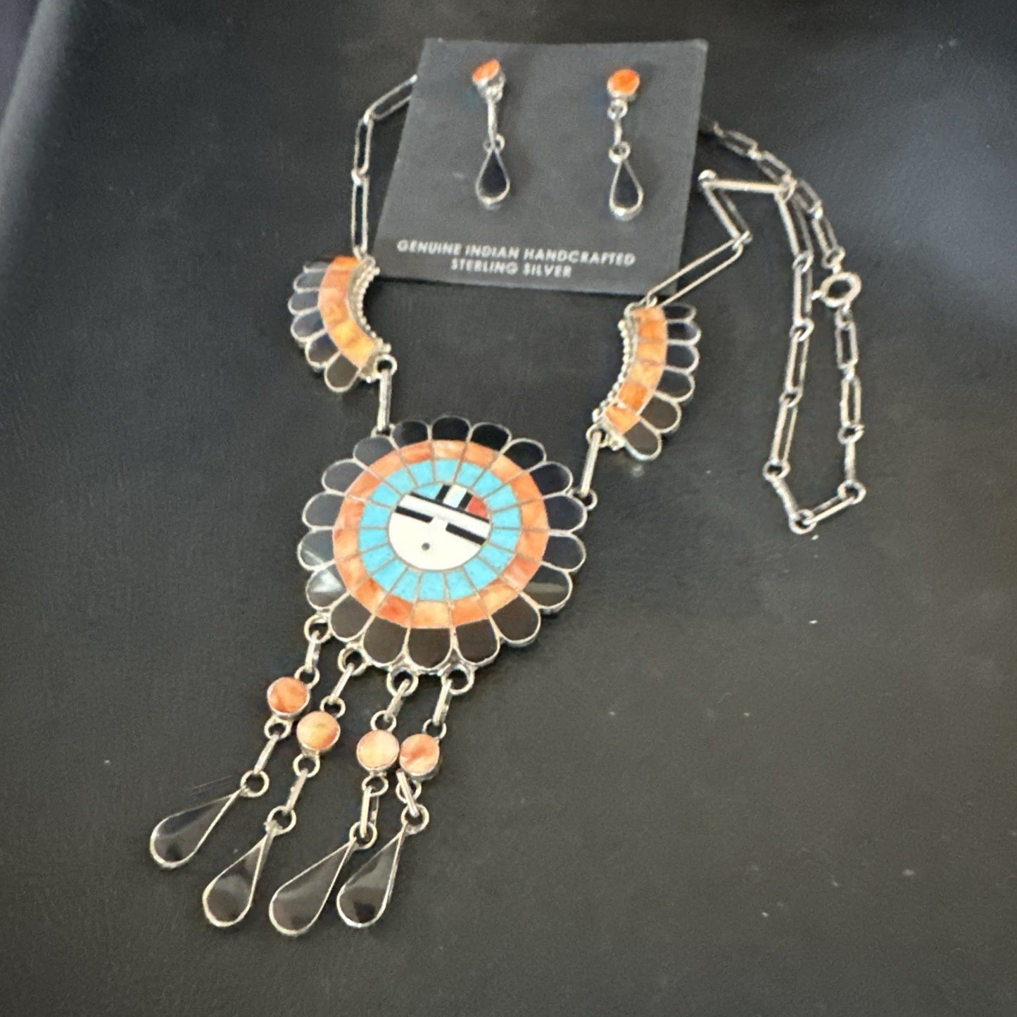 Sunface Spiny Onyx Turquoise Zuni Sterling Silver Necklace 19" Earrings 19114
