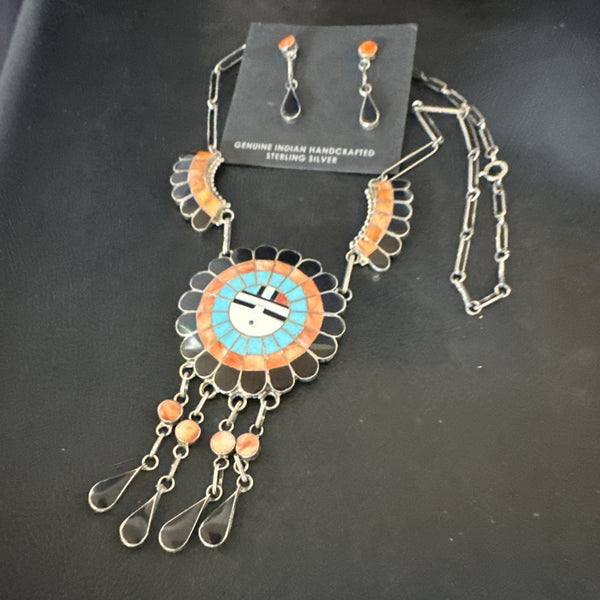 Sunface Spiny Onyx Turquoise Zuni Necklace 19"Earrings | Sterling Silver | Authentic Native American Handmade | 19114