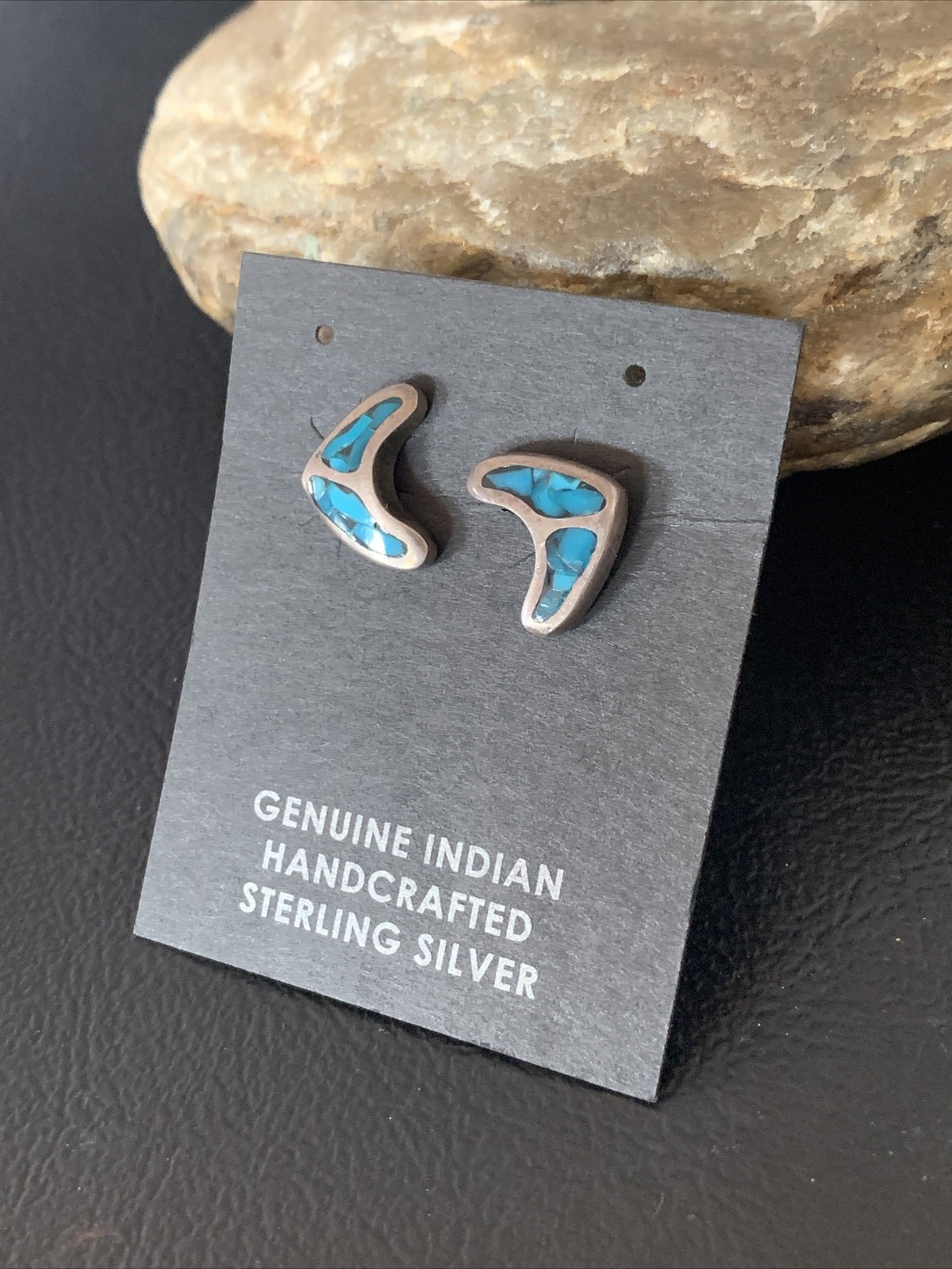Womens Chip Inlay Earrings Navajo Blue Turquoise Sterling Silver Stud 0.5" 13111
