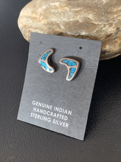 Womens Chip Inlay Earrings Navajo Blue Turquoise Sterling Silver Stud 0.5" 13111