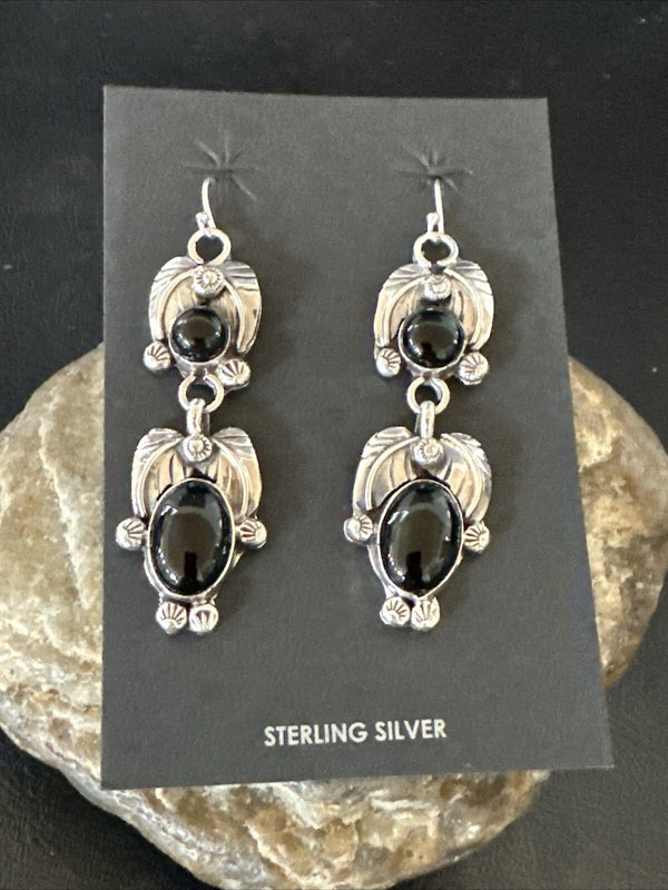 Black Onyx Navajo Dangle Earrings 1.5" | Sterling Silver | Authentic Native American Handmade | 18285