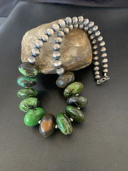 Navajo Chunky Graduated Green Turquoise Necklace 18" | Sterling Silver | Authentic Native American Handmade | 11768