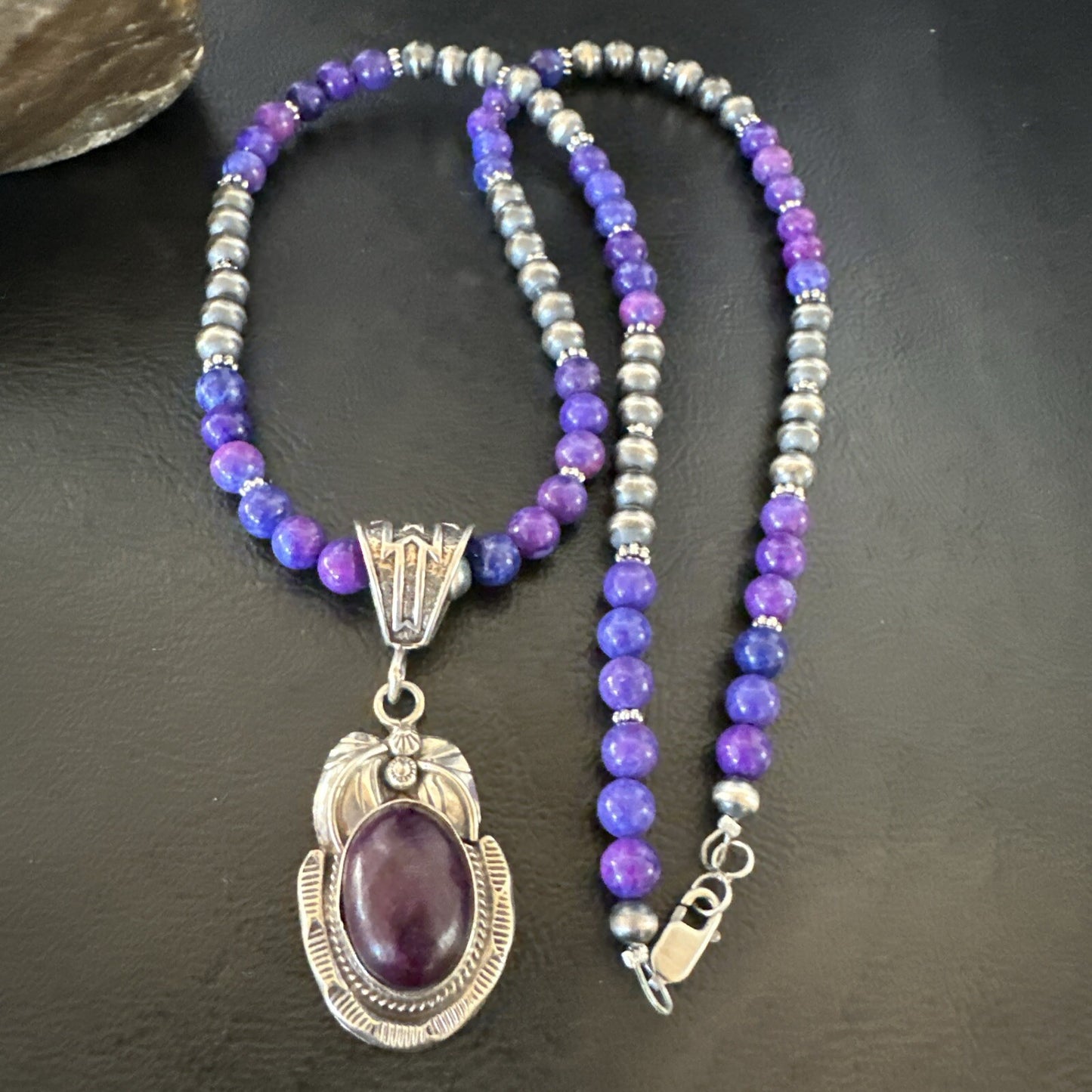 Purple Stone Pendant Navajo Pearls Sterling Silver Necklace 18386