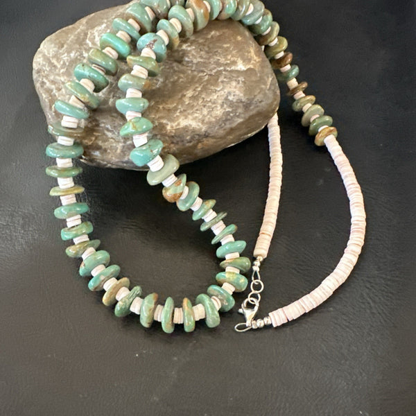 Green Royston Turquoise Shell Santo Domingo Necklace 27" | Sterling Silver | Authentic Native American Handmade | 19680