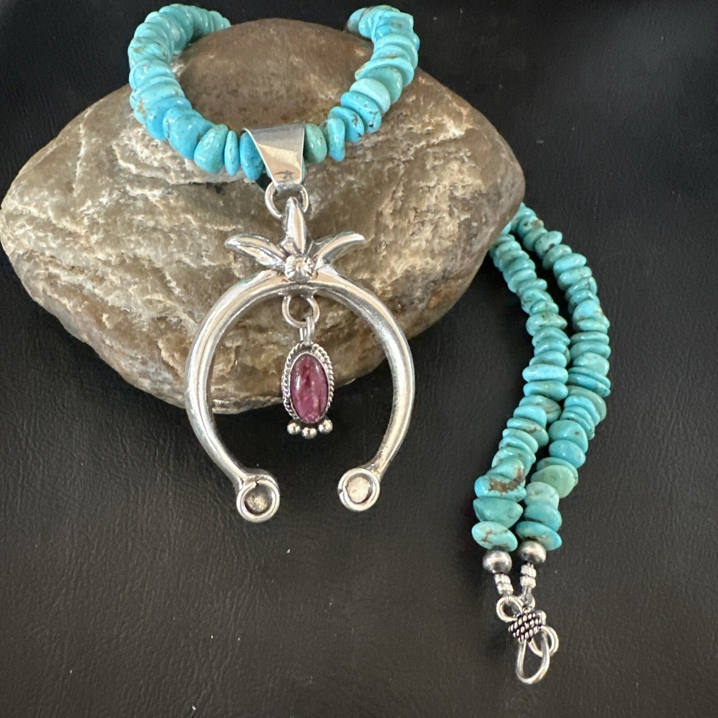 Mens Blue Turquoise Spiny Naja Pendant Navajo Sterling Silver Necklace 21” 17719