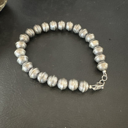 Handmade Stamped Navajo Pearls 8mm Beads 7” Sterling Silver Bracelet 90907
