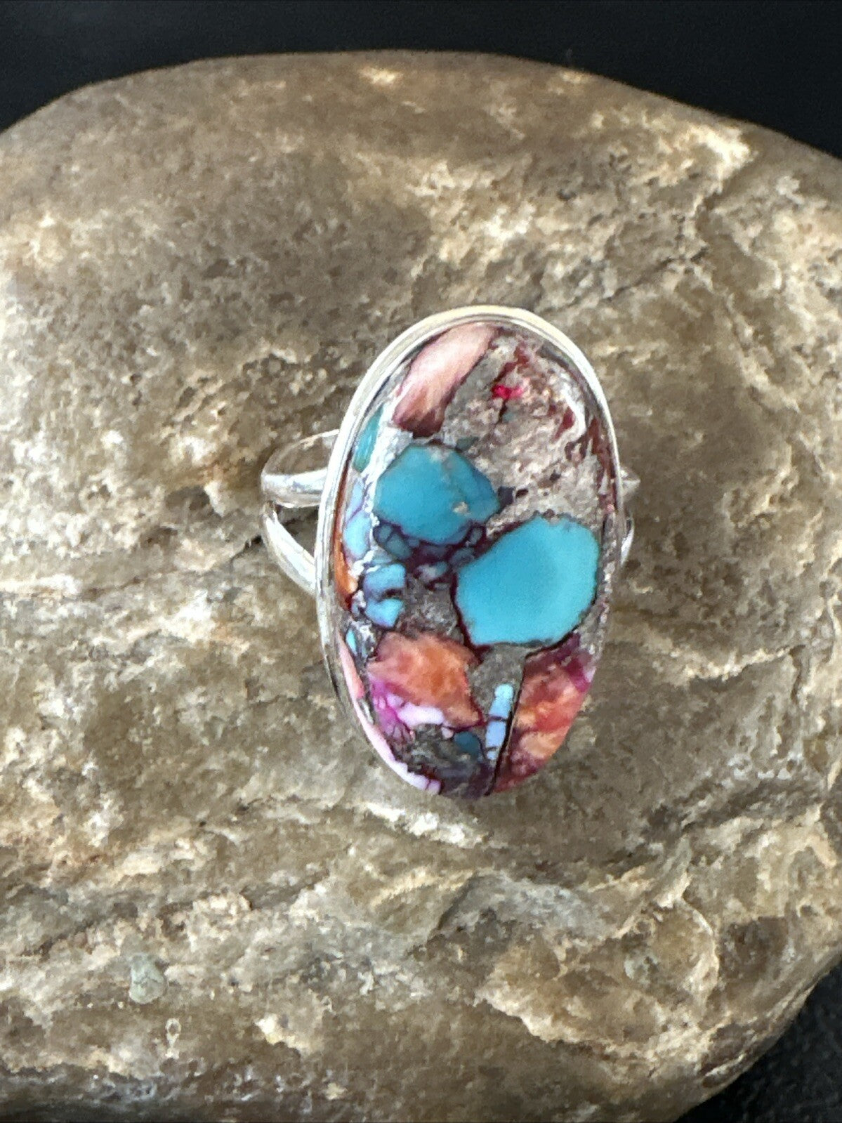 Blue Turquoise Purple Spiny Oyster Navajo Sterling Silver Ring Size 10 18206