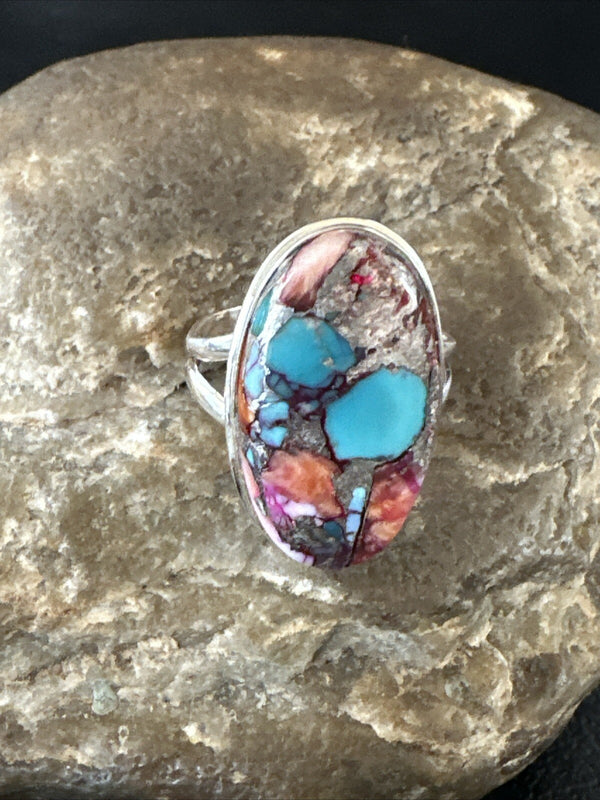 Blue Turquoise Purple Spiny Oyster Navajo Ring Size 10 | Sterling Silver | Authentic Native American Handmade | 18206