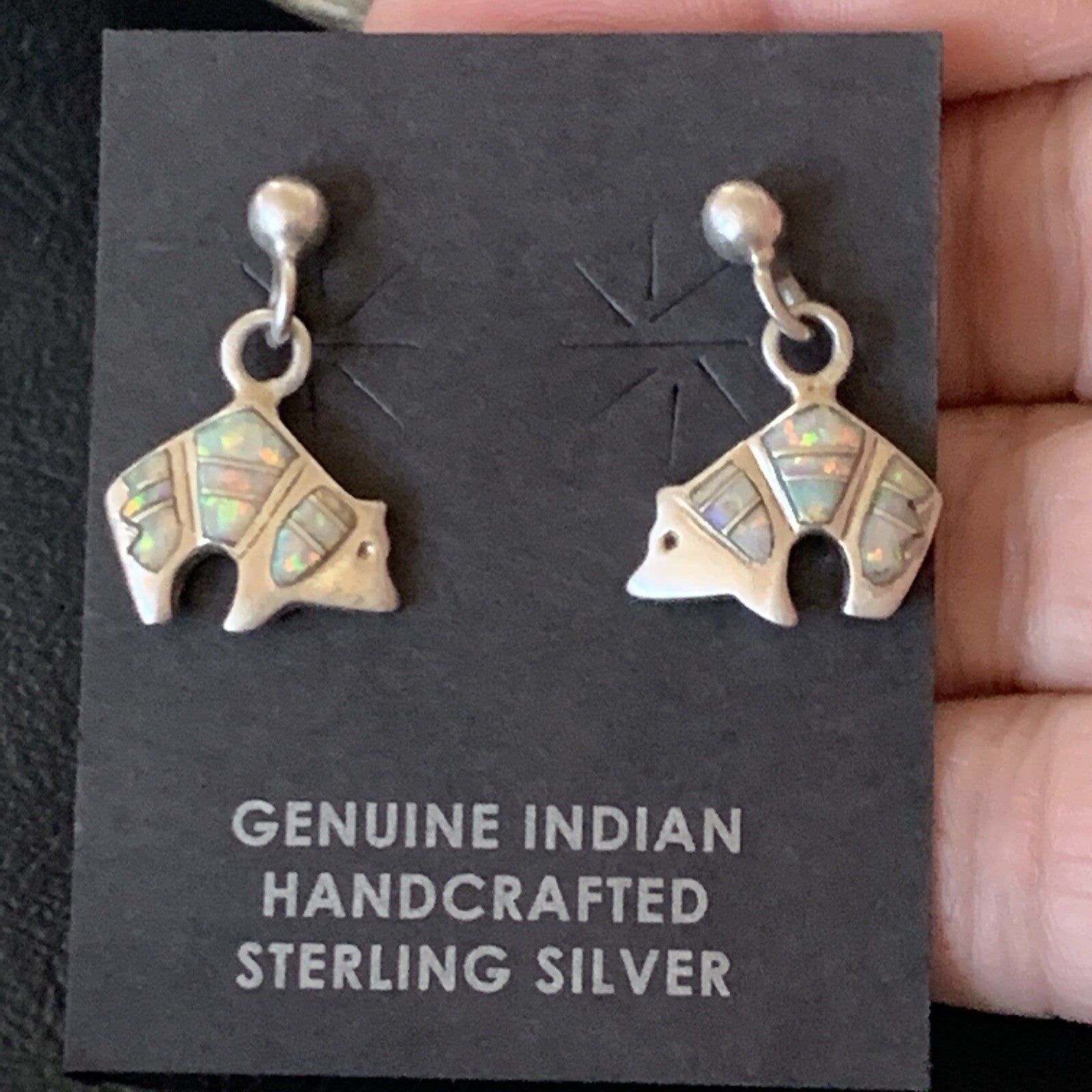 Womens White Opal Bear Inlay Navajo Sterling Silver Dangle Post Earrings 12767