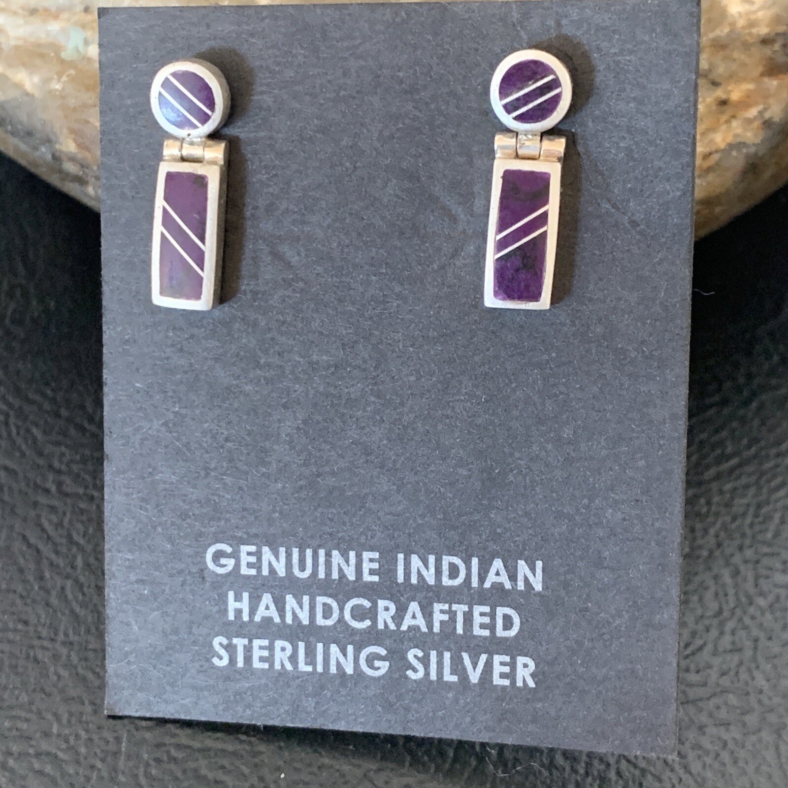 Native Purple Stone Navajo Sterling Silver Dangle Inlay Earrings 0.6" 12682